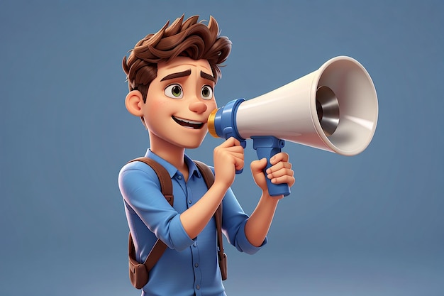 Młody człowiek trzymający magnes i megafon 3d ilustracja postaci z kreskówki
