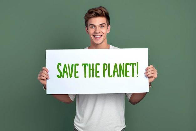 Młody człowiek trzymający znak ocal planetę generatywną ai
