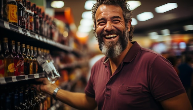 młody człowiek w jasnym, kolorowym supermarkecie przy dziale wina, trzymając butelkę wina