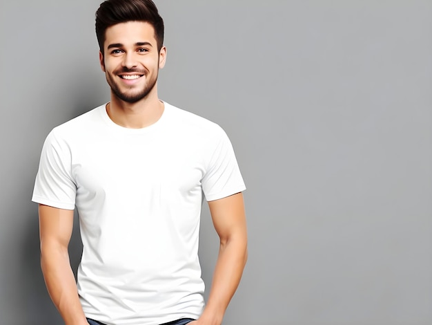 Młody człowiek w pustej białej koszulce makietę prezentacji Ai generuje
