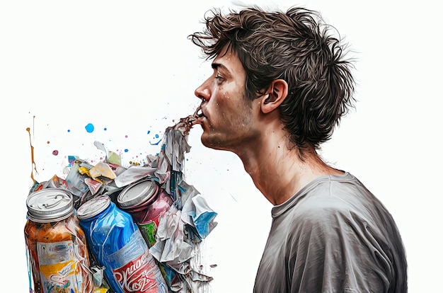 Młody człowiek wypluwający śmieci ratuje planetę