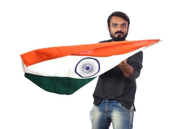 Młody Człowiek Z Indyjską Flagą Lub Tricolor Na Białym Tle