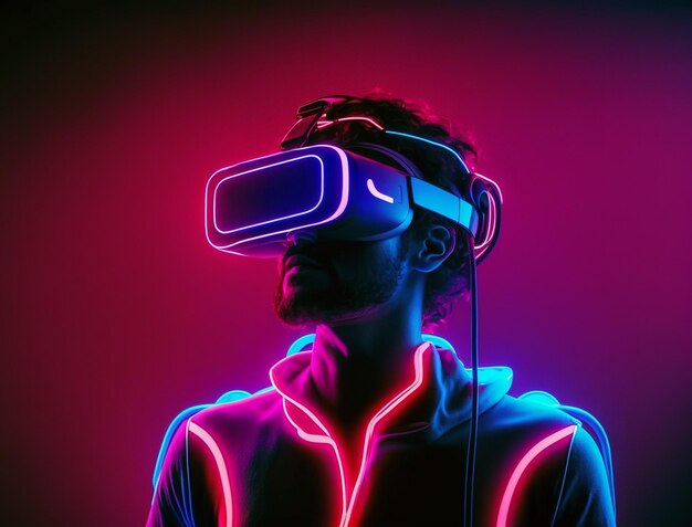 Młody człowiek z neonowymi światłami noszący zestaw słuchawkowy VR i doświadczający metaverse symulacji rzeczywistości wirtualnej i świata fantasy