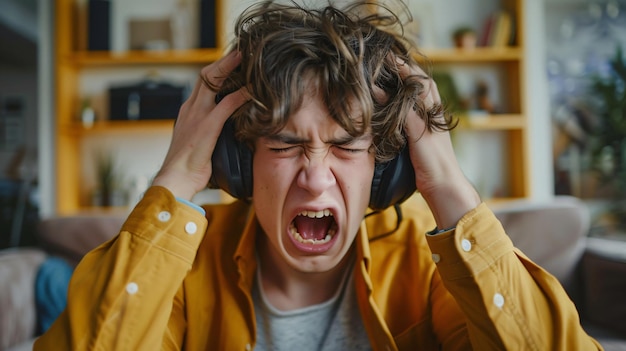 Zdjęcie młody człowiek z słuchawkami na głowie słucha muzyki.
