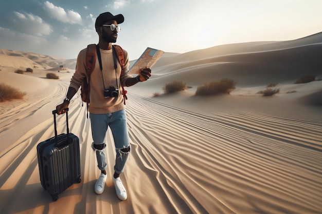 Młody człowiek z walizką i kamerą idący w pustyni kopiować przestrzeń na piasku