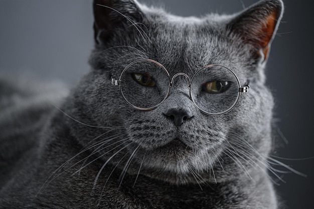 Młody duży szary kot brytyjski w okrągłych przezroczystych okularach leży na zeszycie, zeszycie.