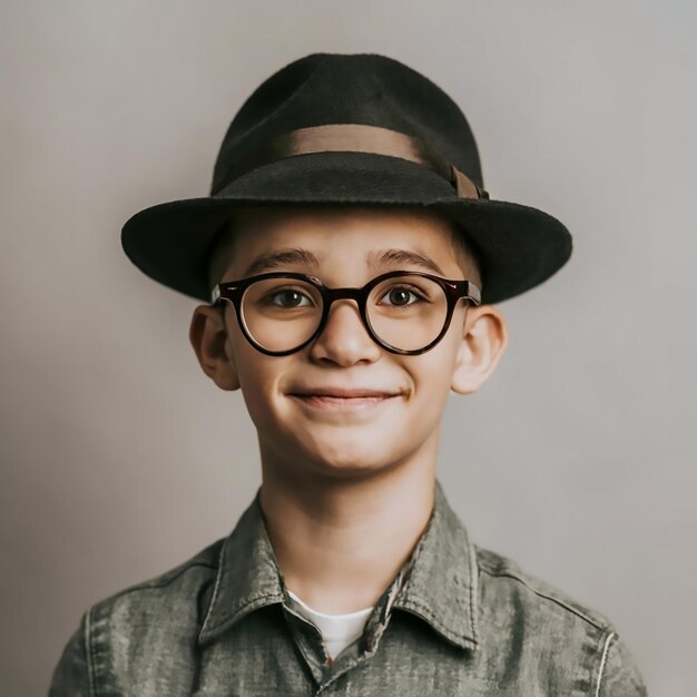 Młody, elegancki chłopiec uśmiechający się, noszący okulary i kapelusz w stylu.
