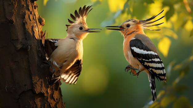 Zdjęcie młody eurazjatycki hoopoe cieszy się pożywieniem od rodzica