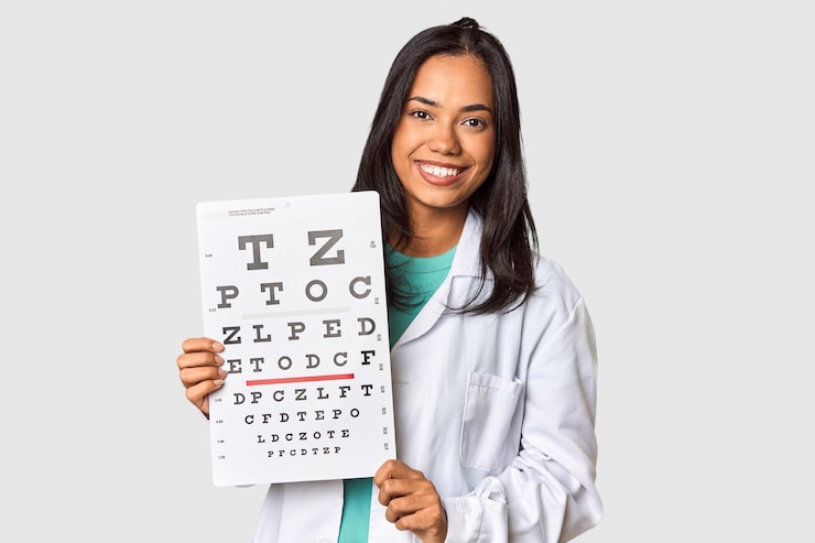Zdjęcie młody filipiński okulista trzymający wykres testów optometrycznych