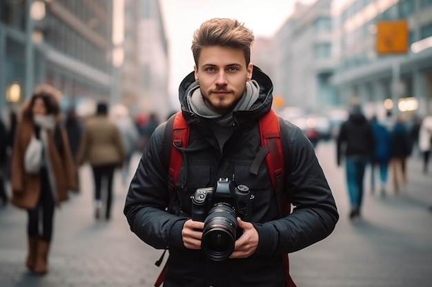 Młody fotograf robi zdjęcia kamerą dslr w mieście