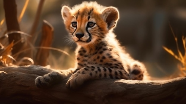 Młody gepard siedzi na kłodzie w świetle zachodzącego słońca
