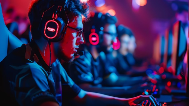 Młody gracz grający w gry wideo w nocy nosi słuchawki i patrzy na ekran komputera