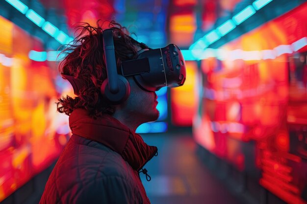 Młody gracz noszący okulary wirtualnej rzeczywistości w pokoju gier wygenerowanym przez AI