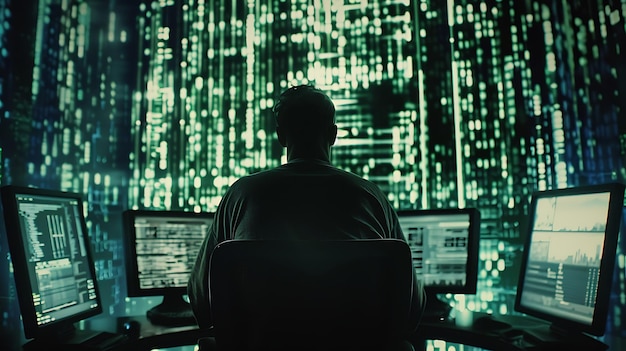 Młody haker siedzi w ciemnym pokoju przed bankem komputerów, ma na sobie czarny kaptur i maskę.