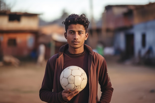 Młody Hindus z piłką nożną zamazał małą wioskę