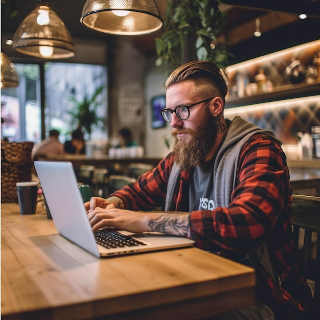 Młody hipster mężczyzna pracuje na laptopie w kawiarni