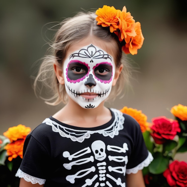 Młody Hiszpan noszący meksykański kostium czaszki martwej na Dzień Zmarłych w mieście Los Angeles