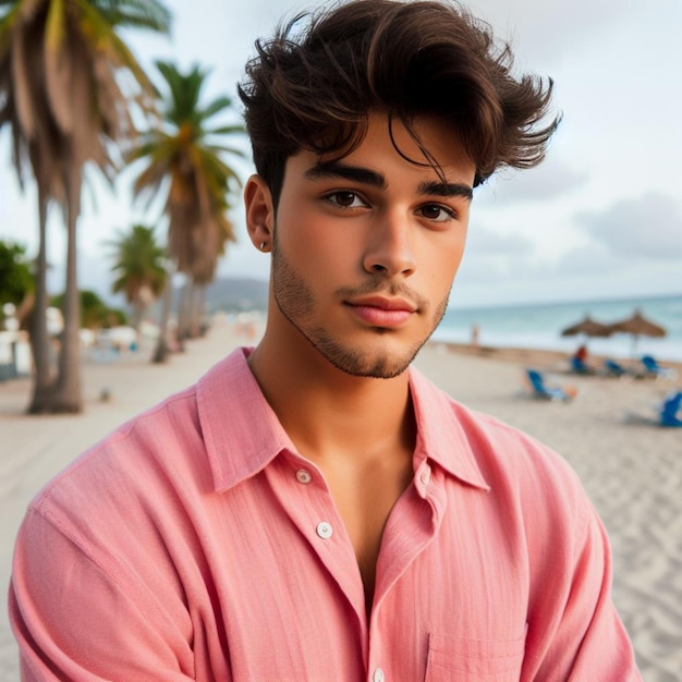 Zdjęcie młody hiszpański mężczyzna w różowej koszuli pozuje na plaży w pobliżu palm 3