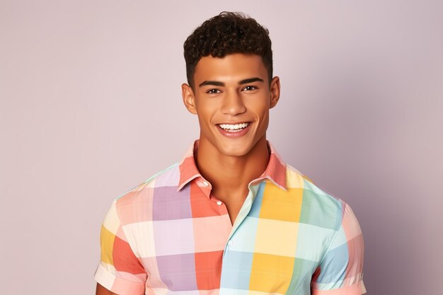Młody hiszpański mężczyzna z nowoczesną fryzurą w kolorowej koszuli