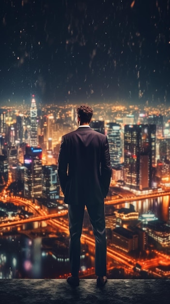 Młody i odnoszący sukcesy biznesmen patrzy na nocną panoramę miasta Generative AI