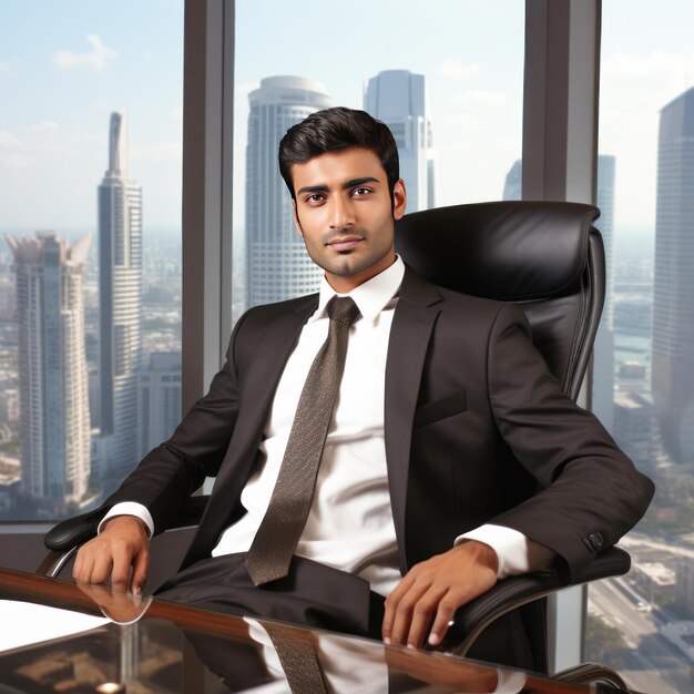 Zdjęcie młody indyjski biznesmen siedzący w biurze.