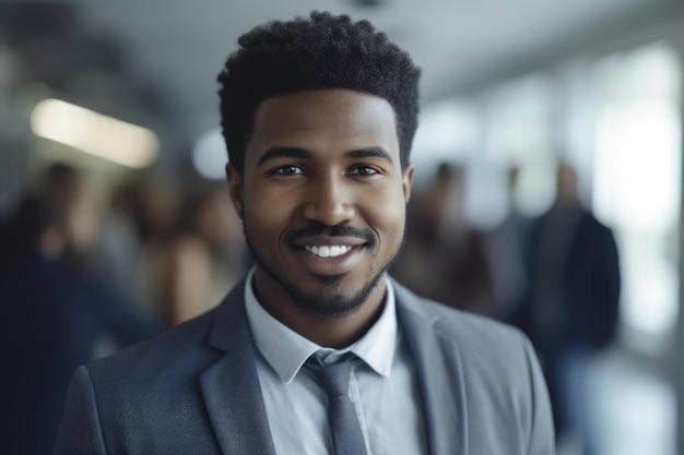Młody inteligentny afrykańsko-amerykański biznesmen uśmiechnięta twarz stojąca w rozmytym tle ruchliwego biura Generative AI AIG20