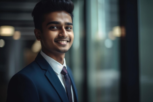 Młody inteligentny indyjski biznesmen uśmiechnięta twarz stojąca w rozmytym tle nowoczesnego biurowca Generative AI AIG20