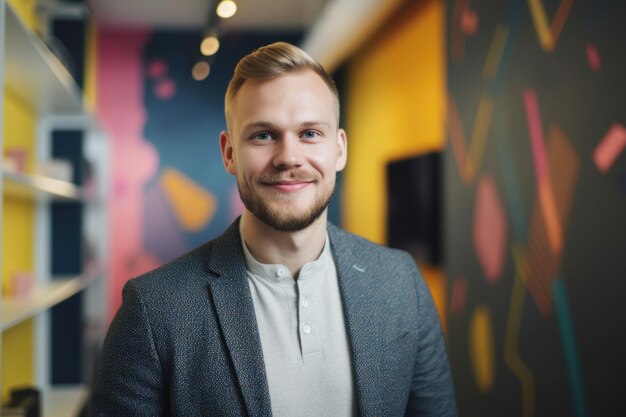 Młody inteligentny szwedzki biznesmen uśmiechnięta twarz stojąca w rozmytym tle kreatywnego kolorowego wystroju wnętrz biurowych Generative AI AIG20
