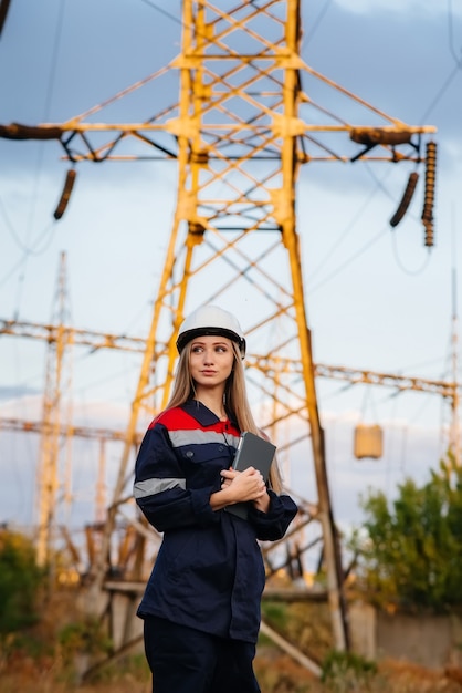 Młody inżynier sprawdza i kontroluje wyposażenie linii energetycznej. Energia.