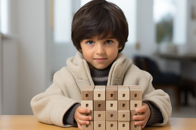 Młody kaukazjski czarnowłosy chłopiec z drewnianą układanką koncepcja zdrowia psychicznego dziecka zaburzenia spektrum autyzmu świadomość koncepcja edukacja na wnętrzu przestrzeni kopiowania tła