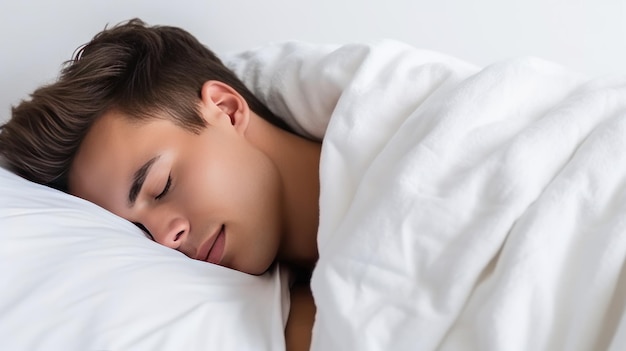 Młody kaukazyjski mężczyzna śpi pod ciepłym płaszczem na miękkim łóżku w domu