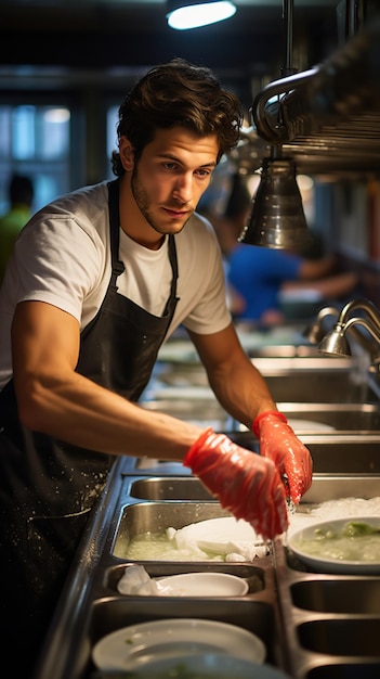 Młody Latynos myje naczynia w kuchni restauracji.