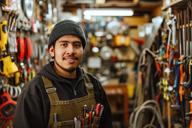 Zdjęcie młody latynos pracujący w sklepie z narzędziami