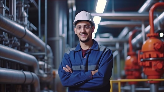 Młody latynoski inżynier pochodzenia hiszpańskiego pracujący w dużym zakładzie produkcyjnym Pracownicy w fabryce zarządzają rurami wodnymi, gazowymi i naftowymi GENERATE AI