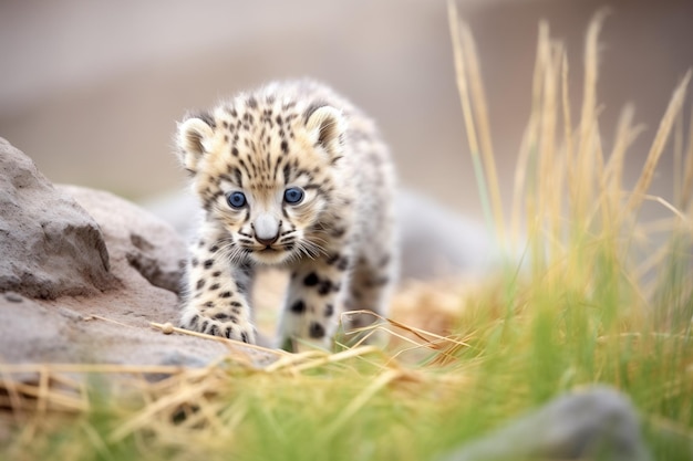 Młody leopard śnieżny odkrywa nowy teren