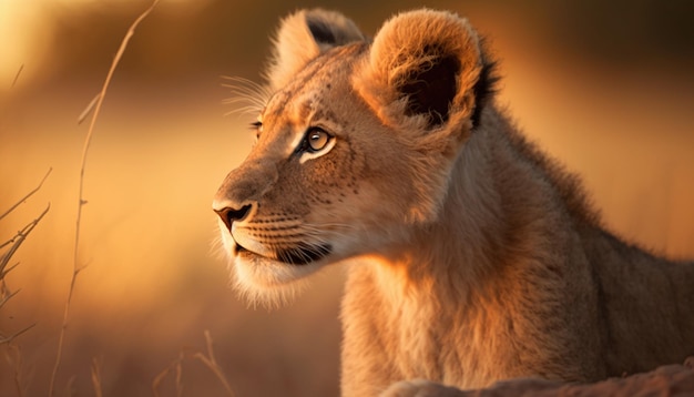 Młody lew patrzy na pole trawy.