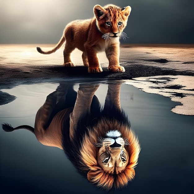 Młody lew patrzy w wodę i widzi jej odbicie, tak jak dorosły lew