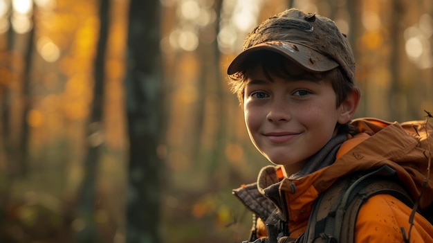 Zdjęcie młody łowca w lesie jego twarz świeciła szczerym uśmiechem w kierunku kamery
