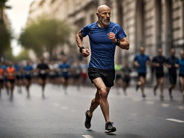 Zdjęcie młody mężczyzna biegający w maratonie miejskim ilustracja wygenerowana przez sztuczną inteligencję