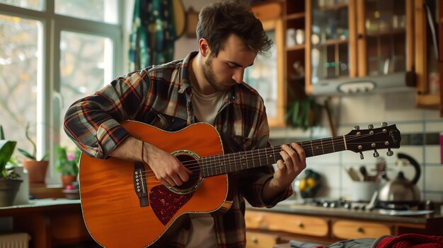 Zdjęcie młody mężczyzna gra na gitarze w kuchni, ma na sobie koszulę i dżinsy, gitara jest akustyczna, tło jest niewyraźne.