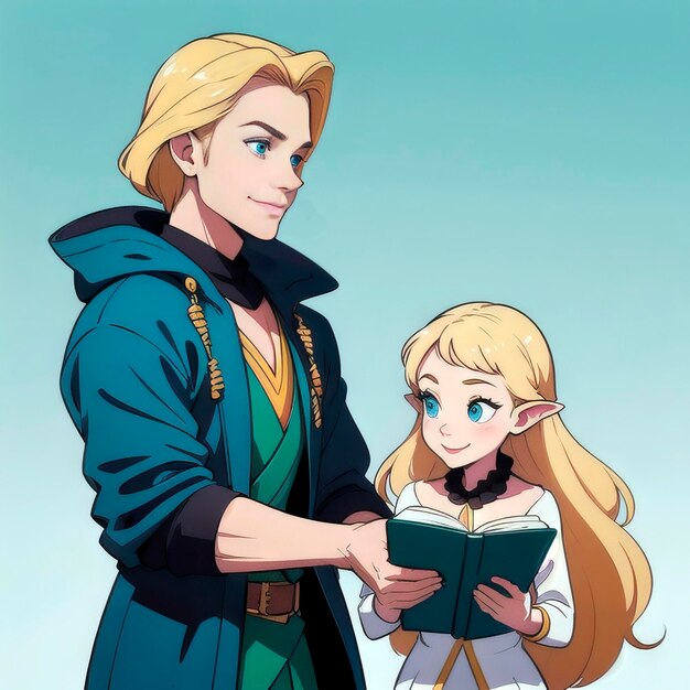 Młody mężczyzna i dziewczyna elf z książką Jasna ilustracja dla dzieci na prostym tle