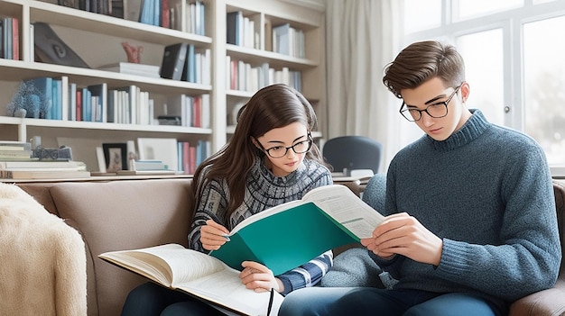 Młody mężczyzna i kobieta czytają raport w przytulnej czytelni podczas pracy w domu