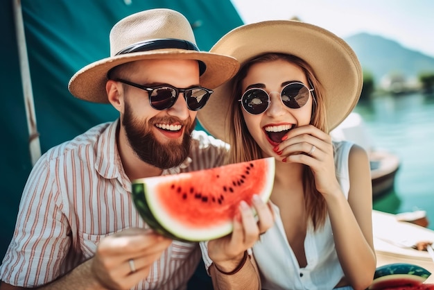Młody mężczyzna i kobieta na plaży jedzenia arbuza Para podróży na wakacje w okresie letnim Generowanie Ai