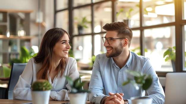 Młody mężczyzna i kobieta siedzą przy stole w kawiarni, rozmawiają i śmieją się.