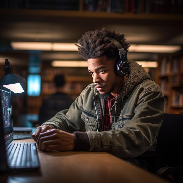 Młody mężczyzna korzystający z komputera w bibliotece, prawdopodobnie w celach edukacyjnych lub badawczych