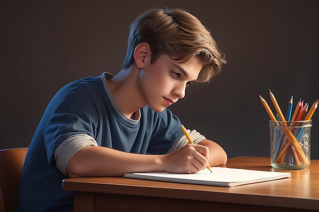Młody mężczyzna lub nastolatek siedzący przy biurku z ołówkiem w ręku myśląc, że może pisać fikcję.