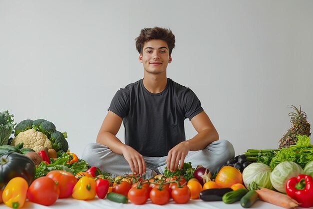 Młody mężczyzna na białym tle otoczony owocami i warzywami w pozycji lotosu problemy zdrowotne i przestrzeń Generatywna sztuczna inteligencja