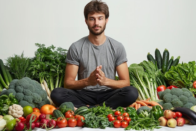 Młody mężczyzna na białym tle otoczony owocami i warzywami w pozycji lotosu problemy zdrowotne i przestrzeń Generatywna sztuczna inteligencja