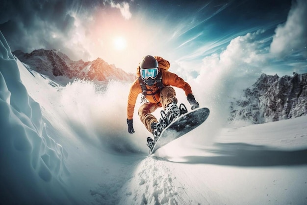 Zdjęcie młody mężczyzna na snowboardzie pędzi z dużą prędkością z ośnieżonej góry sporty ekstremalne go pro szeroki kąt strzału