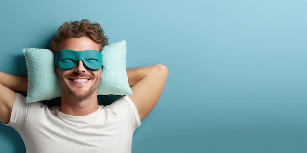 Młody mężczyzna nosi maskę, aby zakryć oczy podczas snu, wygenerowany przez Ai baner przestrzeni kopiowania